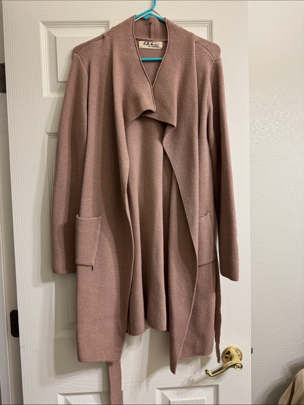 Open-Front Longline Cardigan Sweater in Mauve Pink